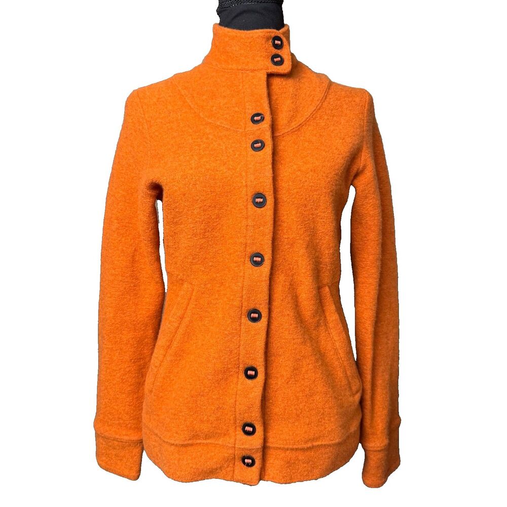 IBEX Merino Wool Blend Carrie Button Up Jacket  Women's M Orange Mock Neck READ